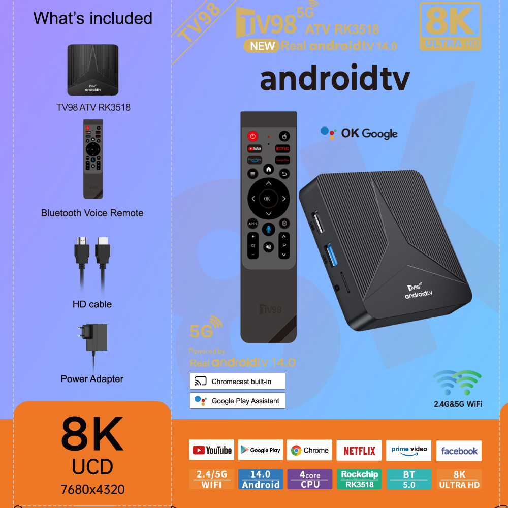 TV98 ATV RK3518 - Dual Wireless Android TV Box with Voice Control