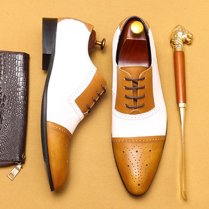 <strong>Men</strong> Two Tone White <strong>Tan</strong> Cap Toe <strong>Brogue</strong> Oxford Shoes Color Block Lace up Pointed Toe Formal Business Wedding Dress Shoes Wholesale - Product Image 5