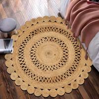 Tapis rond en jute tressé à la main, bord festonné creux, fibre naturelle, écologique, décoration intérieure pour la maison