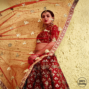 Inaya <b>Red</b> Silk Embroidered <b>Lehenga</b> Set for Wedding Traditional Indian Pakistani Women Floor-Length Regular Fit Quick Dry All - Product Image 1