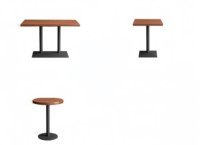 Ensemble de table et chaises de restaurant moderne en bois massif avec plateau carré, structure métallique et sièges en cuir