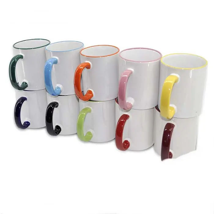 China Factory Sale High Quality DIY Gift 11 OZ Coffee Sublimation Coated Mugs Supplier Colorful Rim Handle Cup