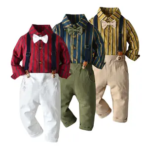Roupas masculinas, roupas de menino, roupas de laço para homens, camisa listrada + calça suspensório, outono para crianças, roupas de 2019