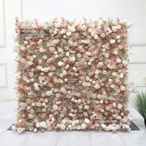 GNW Wedding Home Decor Floral Background Mat Pink Silk Artificial Rose Flower Wall Backdrop Panel