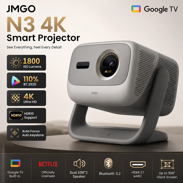 JMGO N3 4K Triple Laser Projector with Google TV 1800 ISO Lumens 1.3x Optical Zoom 4K UHD Home Theater Projector