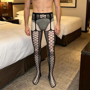 Collants résille mi-haute pour hommes en nylon élastique et spandex avec entrejambe ouvert, sous-vêtements sexy - Product Image 2