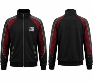 Veste de survêtement personnalisée pour homme, noire et bordeaux, à blocs de couleur, col montant, fermeture éclair intégrale, avec poches zippées, pour clubs sportifs - Product Image 2