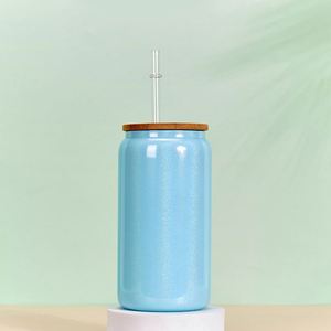 Verre à boisson en verre dégradé de couleurs mélangées avec couvercle en bambou et paille, pour soda froid et latte glacé, vente en gros - Product Image 2