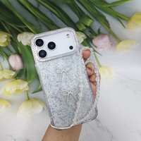 Coque de téléphone mignonne avec nœud et paillettes, cadre d'appareil photo en strass, bracelet perlé, protection pour iPhone 17 Pro Max Samsung Redmi