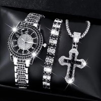 Ensemble 3 Pièces 2025 : Montre Rose, Collier Croix, Montre-Bracelet Strass, Montres Décontractées pour Femmes, Ensemble Bracelet