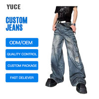 Bol Kesim Vintage Enzim Yıkama Kargo Geniş Paça Kot Erkek Bol Paça Fırçalanmış Yırtık Sokak Giyim OEM Erkek Kargo Pantolon