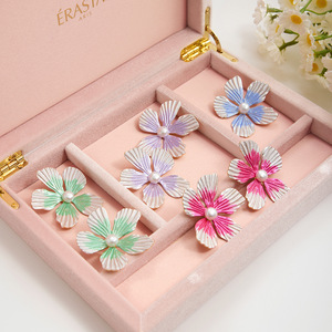 Flower <b>Stud</b> <b>Earrings</b> <b>Blue</b> Pearl Inlay Stainless Steel Everyday Wear - Product Image 2