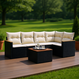 Ensemble de canapés de jardin modulaires en rotin noir, meubles d'extérieur durables avec coussins en mousse haute densité - Product Image 2