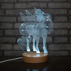 Luce di Notte del Led rotonda Base in legno 3d Switch di Base Lampada Acrilico con unicorn design