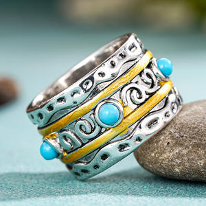 Anello Cocktail A102 in Argento e Oro con Turchese, Montatura a Castone, Gioiello Unisex alla Moda, Regalo con Pietra Naturale Rotonda - Product Image 2