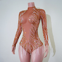 Justaucorps de scène en maille transparente à manches longues, motif flamme, col montant, orné de cristaux ambre nacrés, qualité professionnelle, pour Drag Queen et Showgirl