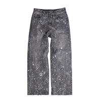 Jeans en denim vintage brodés sur mesure pour hommes, coupe droite, jambe large, avec bordure selvedge, strass, diamants Y2K et boutons en cristal