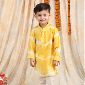 Conjunto de Kurta y Pijama Amarillo Tie Dye para Niños, Ropa Étnica Tradicional para Niños, Traje Festivo para Bodas y Fiestas, Kurta de Algodón Cómodo - Product Image 1