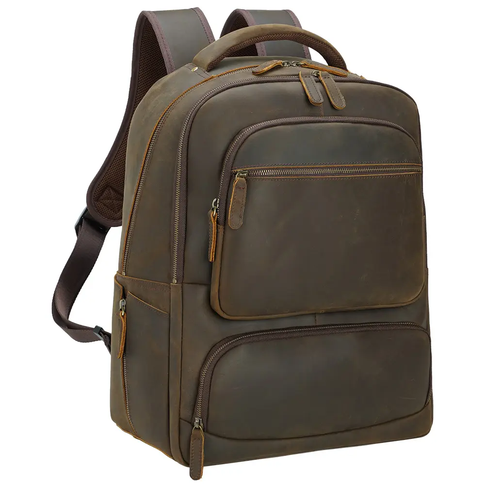 Brown Full Grain Crazy Horse Leather Backpack Dropship Leather Laptop Back Bag Men Genuine Leather Laptop Backpack School Bag