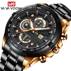 Montre chronographe sport pour homme, cadran noir, or rose, acier inoxydable, montre-bracelet décontractée pour homme - Product Image 5