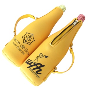 Custom Neoprene Zip-Up Wine Cooler Bags with Striped Pattern Insulation Sleeves & Leather Handle for Beer & Champagne <b>Bottle</b> - Product Image 5