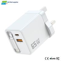 Câble rétractable 65W GaN PD 3.0 QC2.0 pour ordinateur portable, 2 ports Type-C et 1 port USB-A, charge rapide, prise UK, chargeur mural pour Macbook