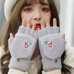 Autumn Winter Women's Half Finger Wrist-Length Nylon Flip Knitted <strong>Gloves</strong> <strong>Cute</strong> Korean Style Student Cold-proof Touchscreen - Product Image 3