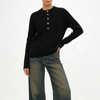 Pulls en tricot pour femmes sur mesure en gros, design à boutons quart, texture côtelée, style décontracté preppy
