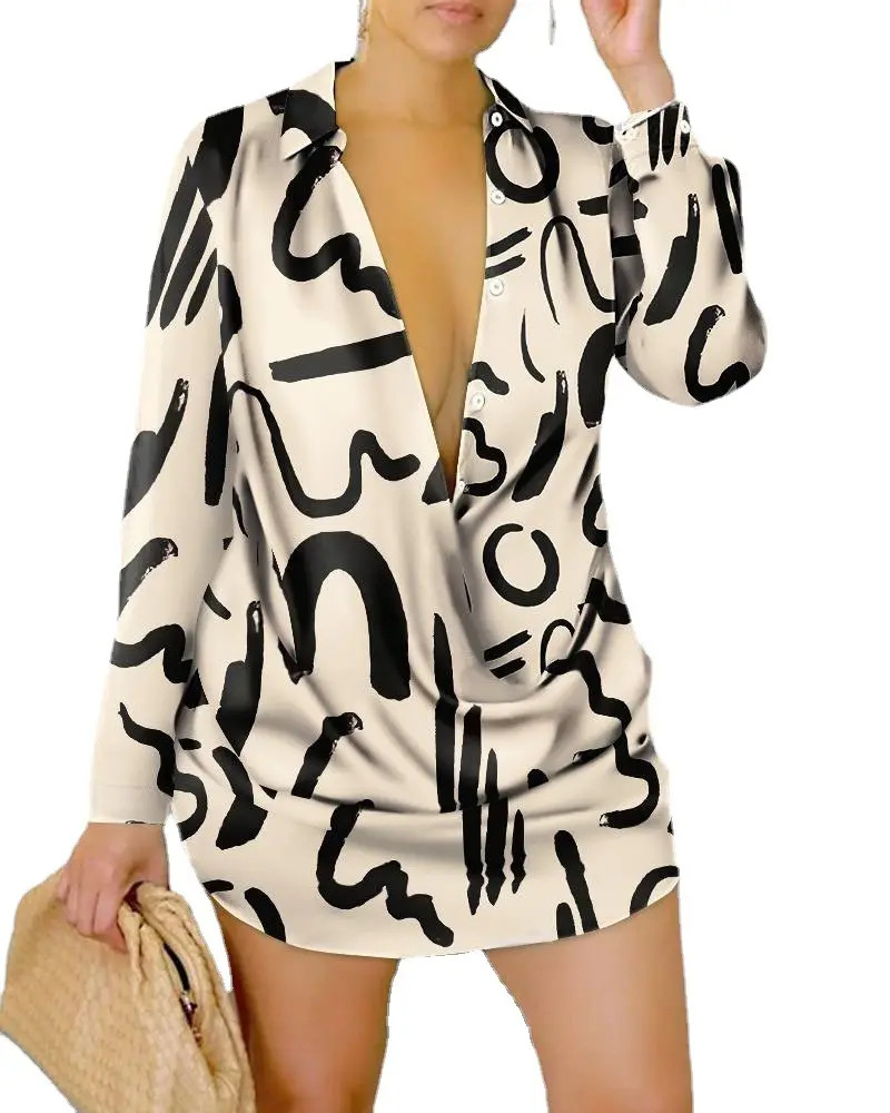 Long Women's Blouse Fashion 2023 Summer Hollow Sexy V-neck Button Top Commuter Long Sleeve Irregular Female Shirt Dress