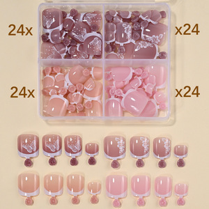 96 faux ongles courts pour les orteils, couleur unie, couverture complète, design à quatre compartiments, portables pour les doigts, style français simple - Product Image 6