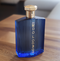 Flacon de parfum vide en verre rond de luxe de 50 ml avec bouchon à vis, diffuseur prêt à l'emploi, boîte personnalisée de couleur bleue