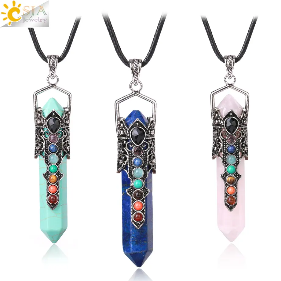 CSJA Wholesale 7 Chakra Natural Healing Stone Hexagonal Point Pendant Crystal Quartz Necklace Vintage Jewelry H023