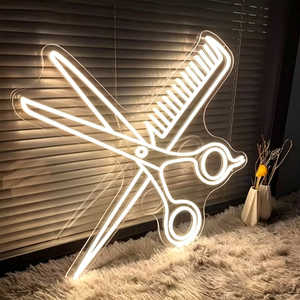Enseigne LED en acrylique en forme de ciseaux et de peigne, lumière néon blanc chaud, à fixer pour la décoration d'un salon de coiffure - Product Image 1