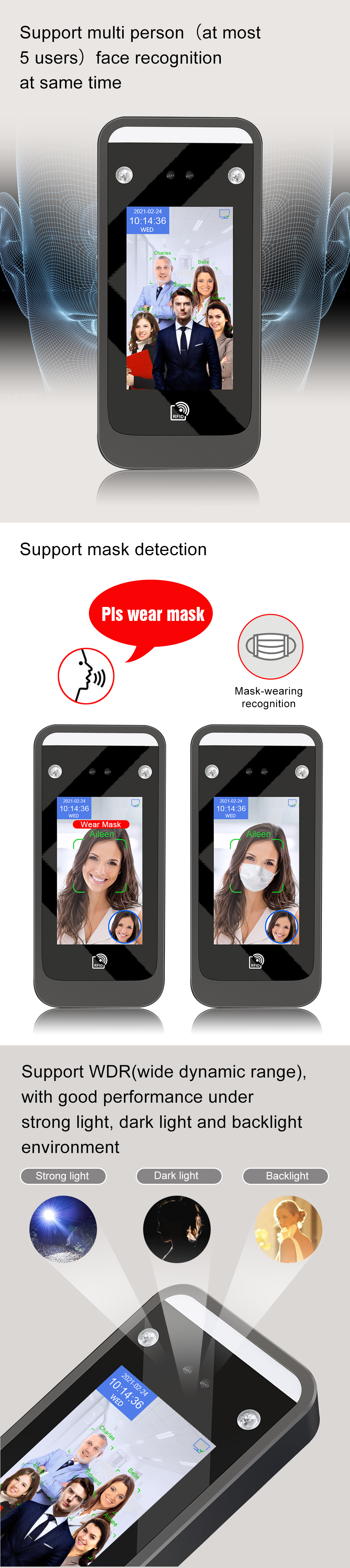 Dynamic face recognition access control terminal 125khz card reader with TCP/IP port
