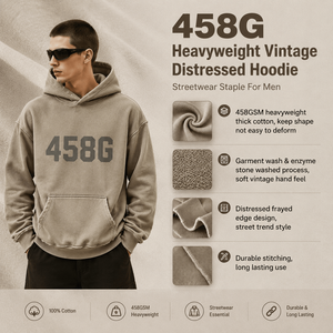Sweat à capuche surdimensionné pour homme en coton 458G, lourd, délavé, effet vieilli, bords effilochés, style streetwear, fournisseur OEM, vêtement d'extérieur - Product Image 5