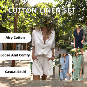Ensemble deux pièces décontracté en lin pour femme, chemise à manches courtes et short, couleur unie, coupe ample, col rabattu, écologique, respirant, printemps - Product Image 2