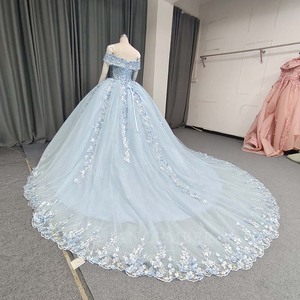 ANY249 Beautiful Blue Off Shoulder Appliqued Flower Evening Party Puffy Gowns Dress - Product Image 2