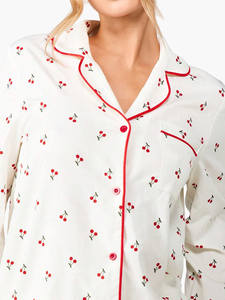 Pijamas de Algodón Personalizados con Estampado de Cerezas y Manga Larga, Conjuntos de Pijamas Personalizados para Mujer, Pijamas de Bambú con Ribete, Ropa de Dormir para Mujer - Product Image 3