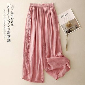 Women's Cropped Wide Leg Pants Purple Cotton Linen <b>Blend</b> Embroidered Loose Fit Casual Summer Pants - Product Image 2