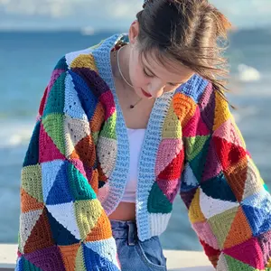 Mùa Xuân Retro Handmade Crochet Mô Hình Hình Học Granny Vuông Cardigan Tùy Chỉnh Cắt Top Phụ Nữ Của Áo Len Cardigan