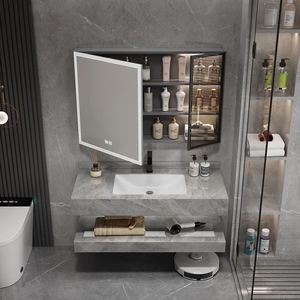 Meuble de salle de bain gris simple, armoire à miroir intelligente, comptoir en pierre suspendu, lavabo blanc - Product Image 6