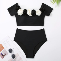 Ensemble bikini 2 pièces de luxe fait main taille haute avec motif floral 3D, tissu extensible écologique, teint uni, vêtement de plage délavé