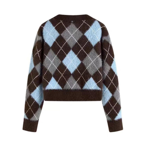 Pull à boutons à manches longues pour fille, style preppy, en <span class=keywords><strong>crochet</strong></span> Argyle, vente chaude - Product Image 3