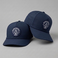 Casquette de golf Oxford marine à pois avec patch tissé, 5 panneaux, imperméable, respirante, snapback, broderie personnalisée, collection premium en gros