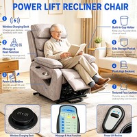 Sillón Reclinable Eléctrico Moderno de Terciopelo con Masaje, Calor, Carga Inalámbrica, Portavasos y Bolsillo Lateral para Personas Mayores
