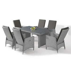 Verstelbare Outdoor Rotan Eetkamerstoel Hotel Restaurant Glazen Lange Tafel 6 Stoelen Terras Buiten Tuin Gray Rieten Dinerset