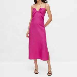 Tong Rui S22 U Halter Neck Side Zip Fastening Side Split Hem Long Strappy Linen Dress