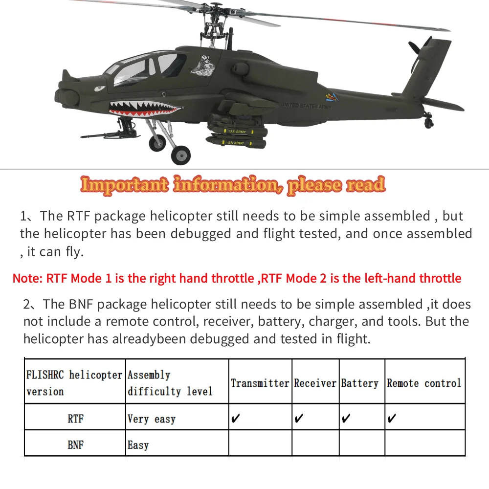 FLISHRC AH-64 Apache RTF Helicopter with GPS, Four Rotor Blades