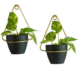 Jardinières murales modernes en métal plaqué or, pots noirs avec plantes vertes, design minimaliste pour la décoration intérieure - Product Image 1