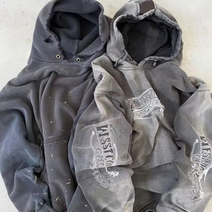 YSJY OEM Streetwear Retro Street Ripped <strong>Open</strong> Hole Hoodie Loose Acid Washed Printed Heavyweight Cotton Embroidered Men's Hoodie - Product Image 1